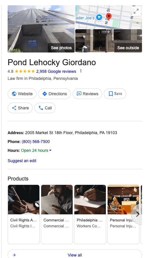 Google business listing for Pond Lehocky Giordano law firm in Philadelphia, PA. Optimize Your Google Business Profile to showcase the firm’s name, contact details, 4.8-star rating from 2,958 reviews, business hours, and featured legal services.